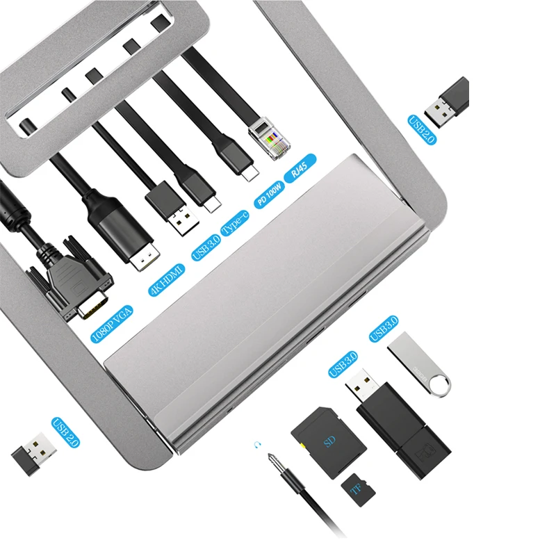 OEM Type Aluminum Alloy Portable Multi-port Usb Hub 12 in 1 USB-C Docking Station for netBook of Laptop Stand