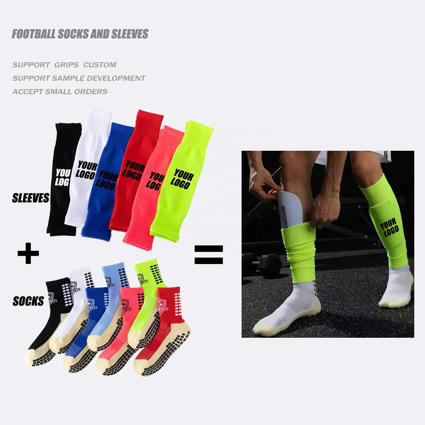 A Set Custom Logo Grip Socks Sleeves  Nonslip Cushion Slippery Football  Socks Colorful Compression Leg Wear