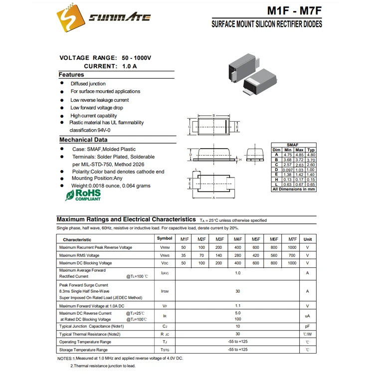 SMD Diode ES1JF 50 MIL Surface Mount SMAF M7F 50 MIL SMAF 50 MIL SS34F Diodes