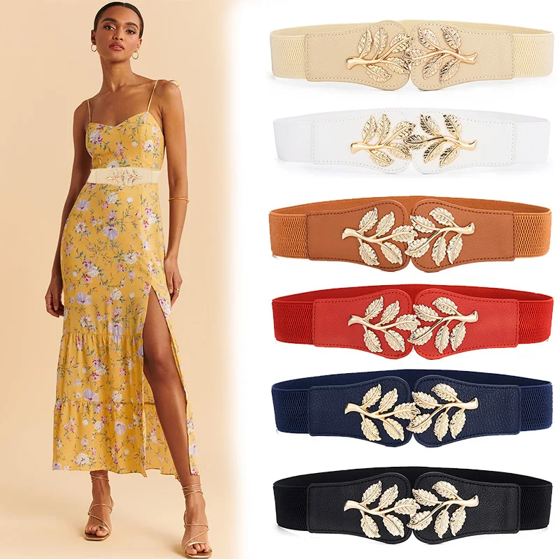 Wholesale Cheap Price Multi Colors Lady Dress Elastic Waist Belt Gold Leaf