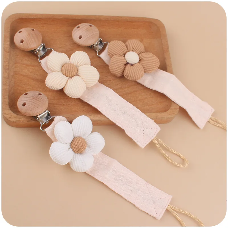 New Baby Products Cartoon Flower Cotton And Linen Cloth Pacifier Chain Creative DIY Beech Pacifier Clip Anti Drop Chain