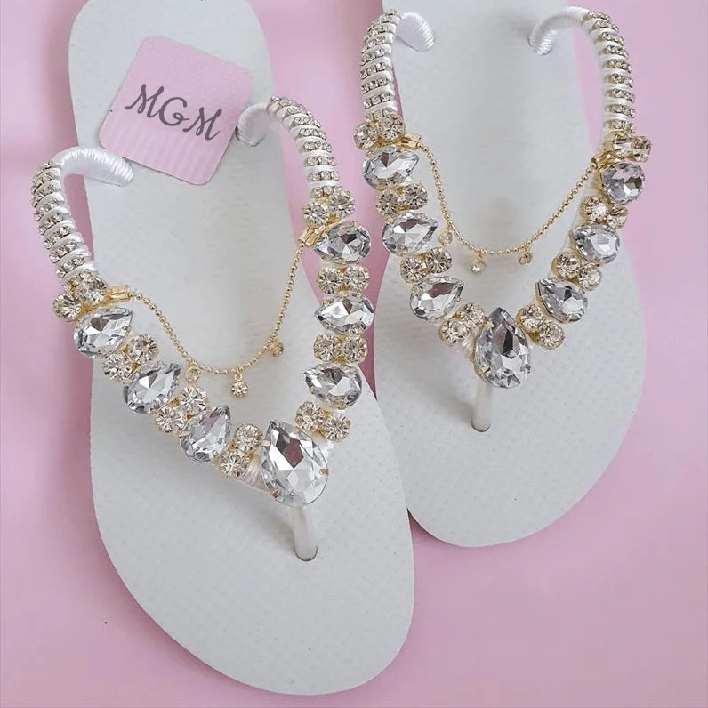 Wedding Flip Flops Summer Beach Wedding Thong Sandals Charming Handmade Rhinestones Bridal Flip Flops