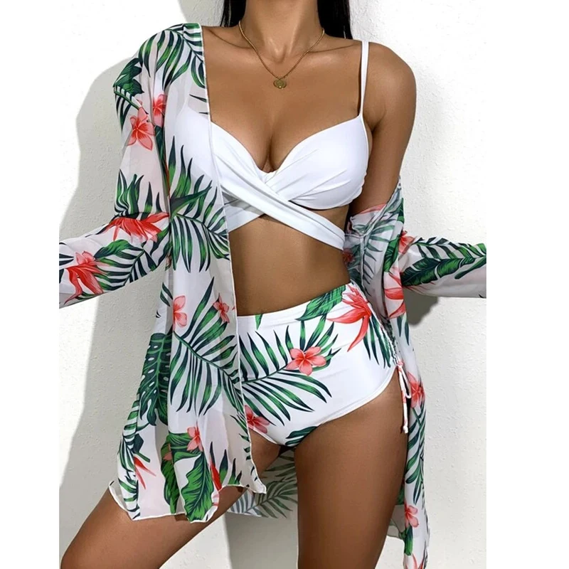 2021 new swimsuit three sets of bikini mesh split swimsuit Sexy Strap Bra + Cardigan Tops Bathing Suit female bikini