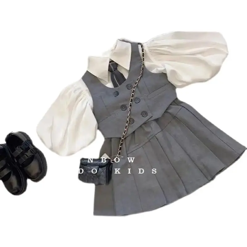 New fashion 4Pcs girls clothing set puff sleeve solid shirt + tie + suit vest + skirt school uniform outfits for girls