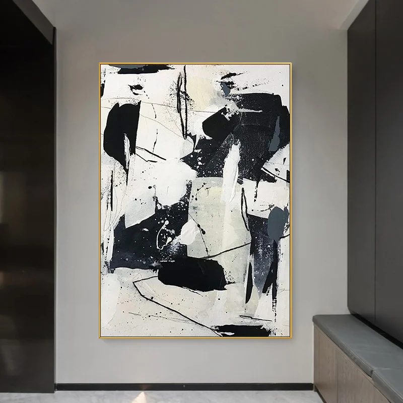 Handmade Black and White modern Abstract Design Wall Art hand painted Abstract Canvas Oil Painting for living room home decor
