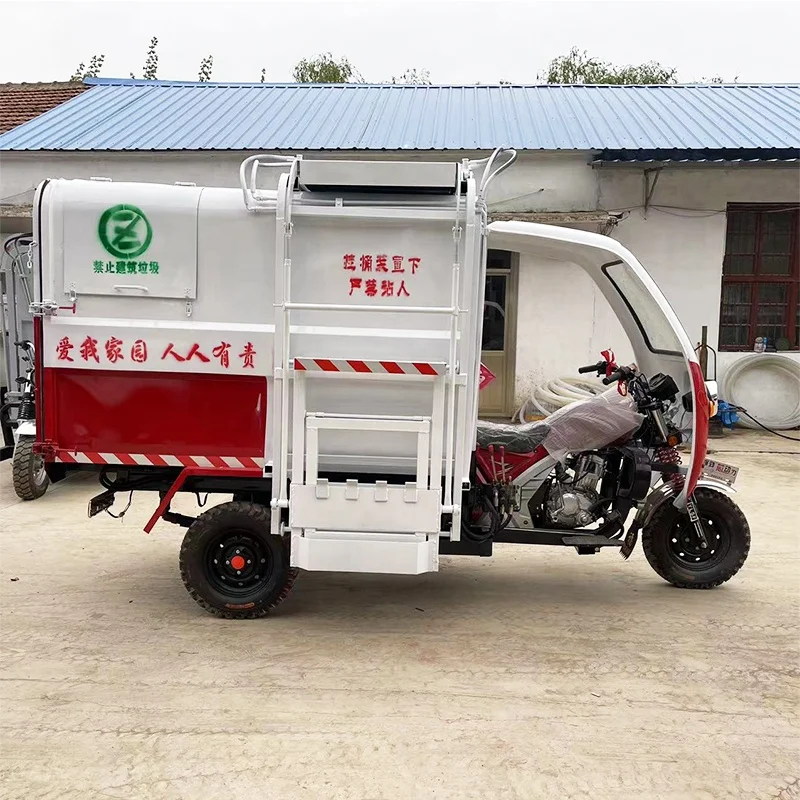 Stainless steel gasoline three-wheel garbage truck small sanitation garbage can lifting truck