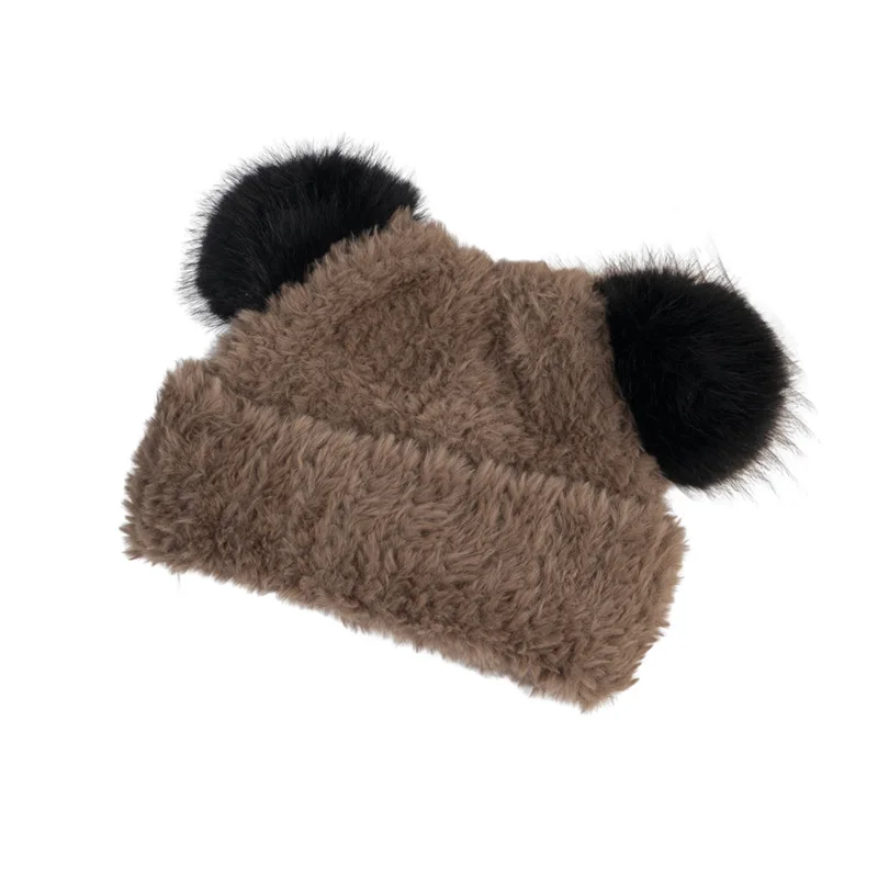 Wholesale Custom 2023 New Thickened Women Knitted Beanie Winter Lovely Panda Knit Hats with Fur Ear