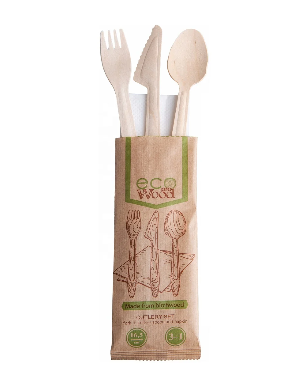 Disposable Wooden Cutlery Set 3+1 Spoon Fork Knife Napkin 165 mm 100% Natural Birchwood Biodegradable Wooden Disposable Cutlery