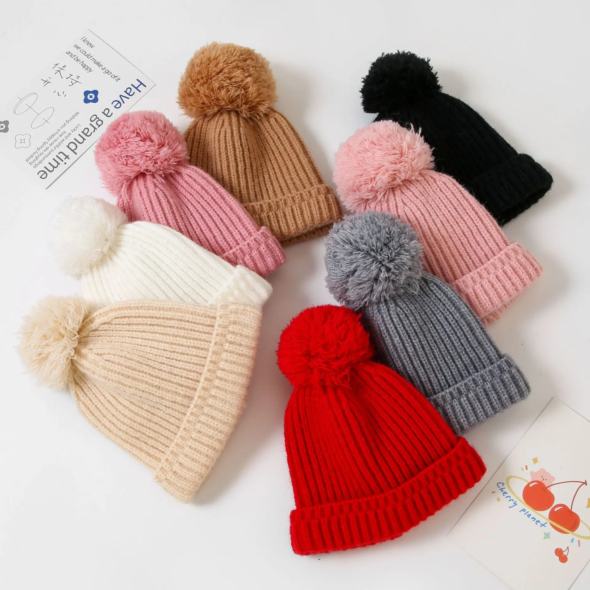 Wholesale Spring Autumn Winter 0-12 Infant Baby Wear Small Soft Acrylic Knit Solid Cute Pom Pom Beanie Hat for New Born Babies