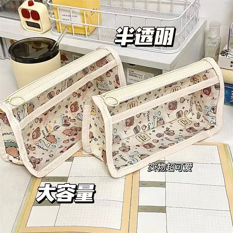 Wholesale Stationery Semi-transparent Zipper Pen Bag Large Capacity Pencil Box Pop Pencil Case for Kids Students