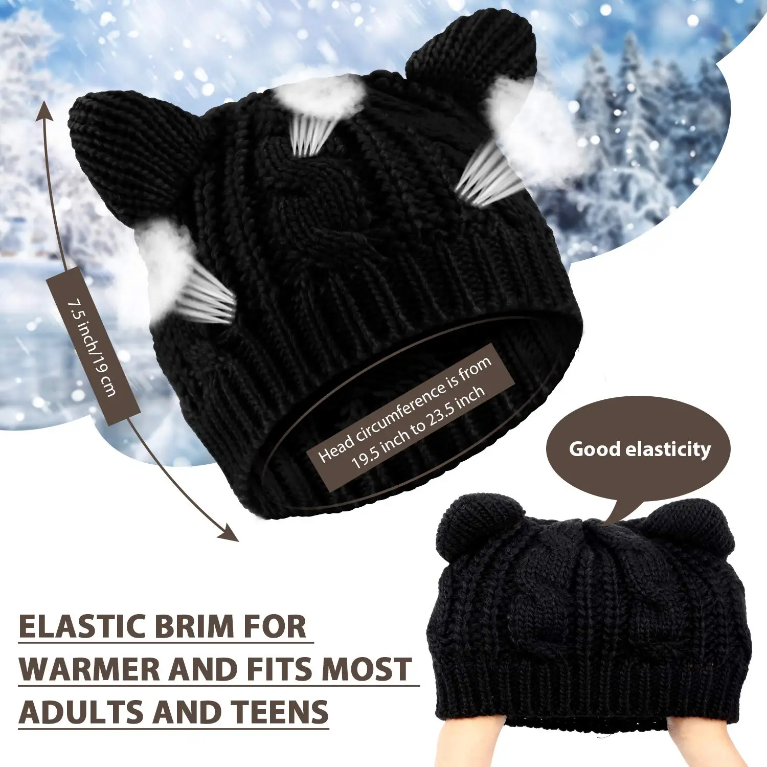Unisex Custom Cute Cat Ears Beanies Hat Winter Knit Cable Slouchy Hat for Women Girls Teens Made from Cotton Acrylic