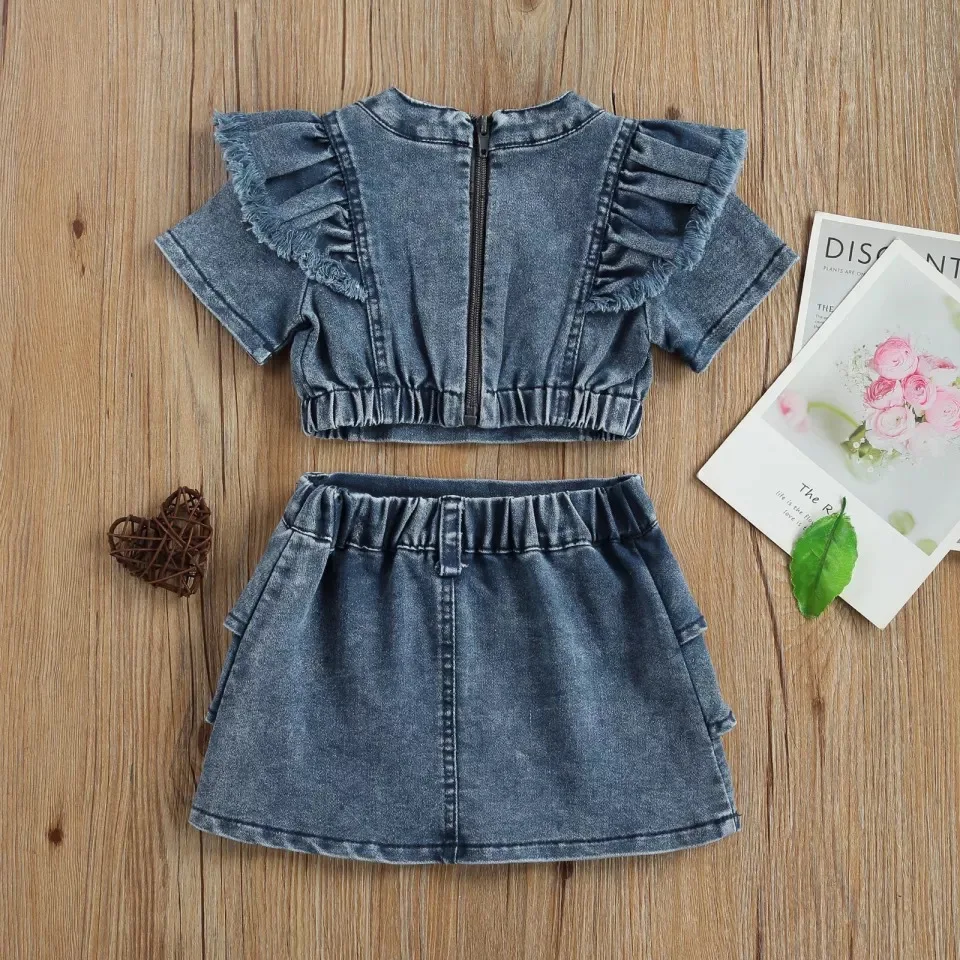 Conyson high quality Latest korea Fashion Style Toddler Girl t-shirt Short Skirt clothes suit Kids denim 2 pieces clothing Set