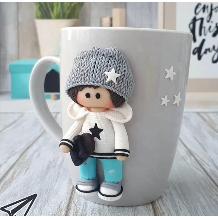 Cute polymer clay girls ceramic coffee mug white sublimation mug 3D Girl birthday gift sets