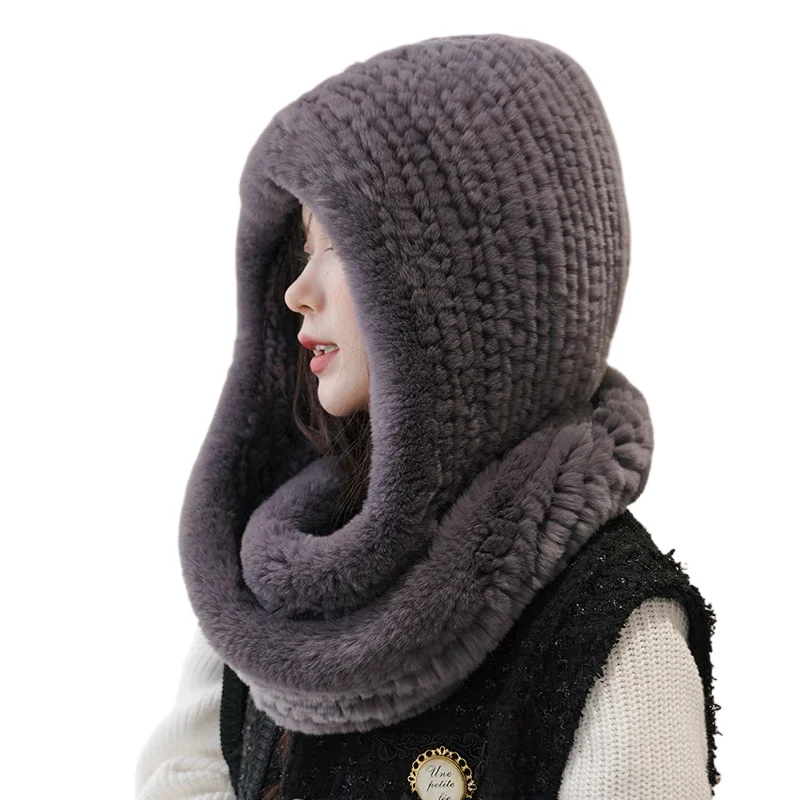 ZDFURS * 2021 new Women Real Knitted Rex Rabbit Fur Hat Hooded Scarf Long Winter Warm Fur Hat With Neck Collar Scarves hat scarf