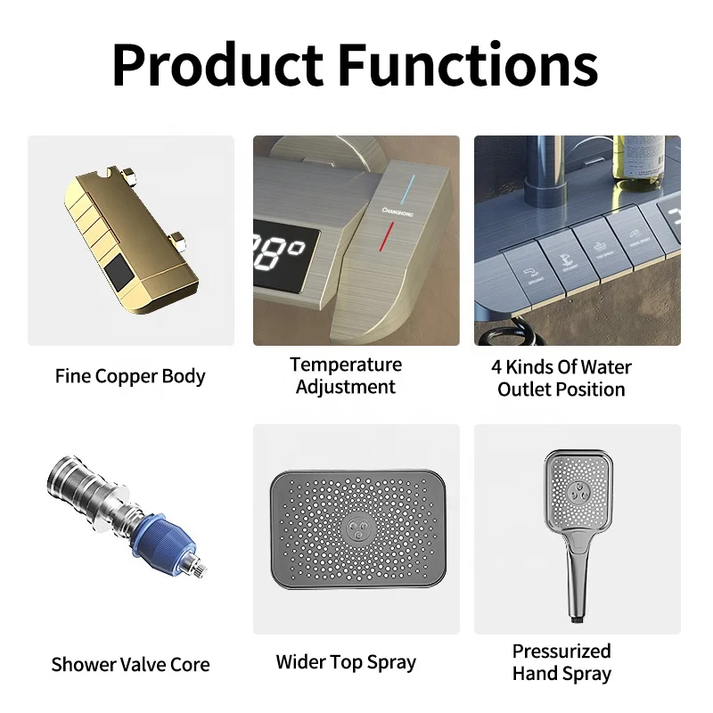 Latest Models New 4 Function Keyboard Piano Keys Exposed Bathroom Mixer Combo Brass Thermostat Shower System Set