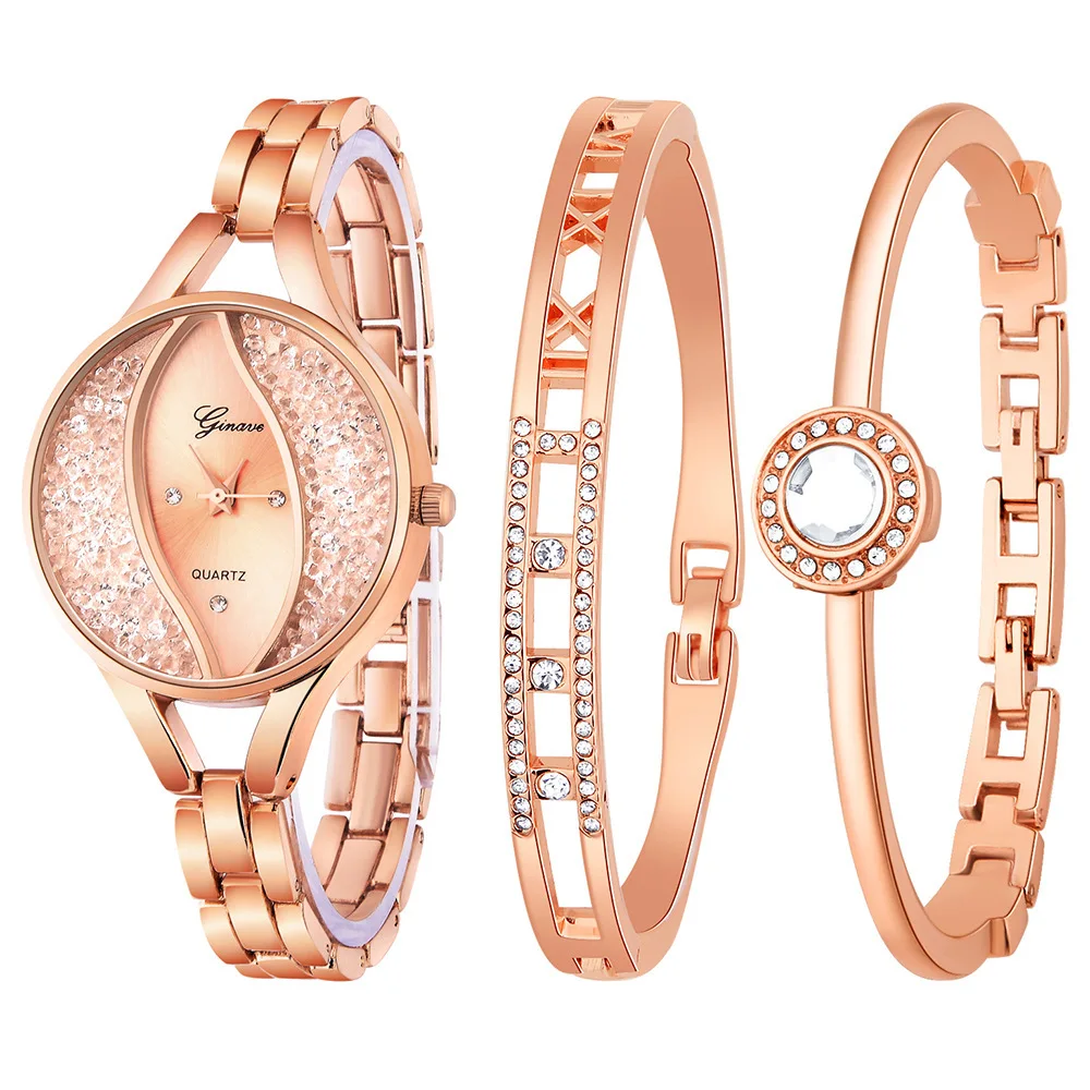 Luxury Ladies Watch Iced Out Watch Quartz Crystal Diamond Classic Fashion Romantic Jewelry Cuff Bracelet Watch Set