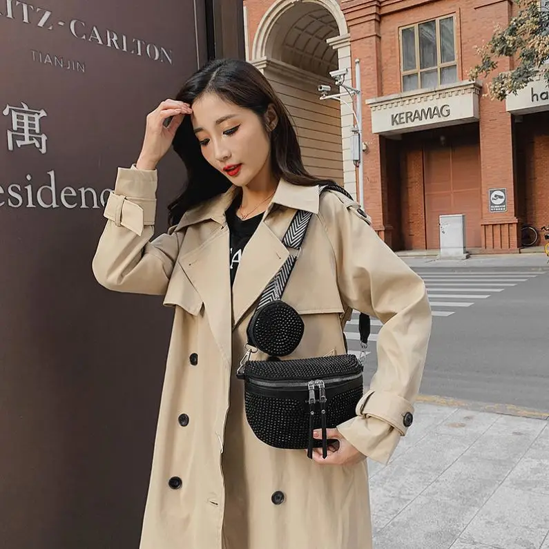 Ladies PU Rhinestone Chest Bags Women Diamonds Shiny Saddle Bag Purses Wallets D0229 1