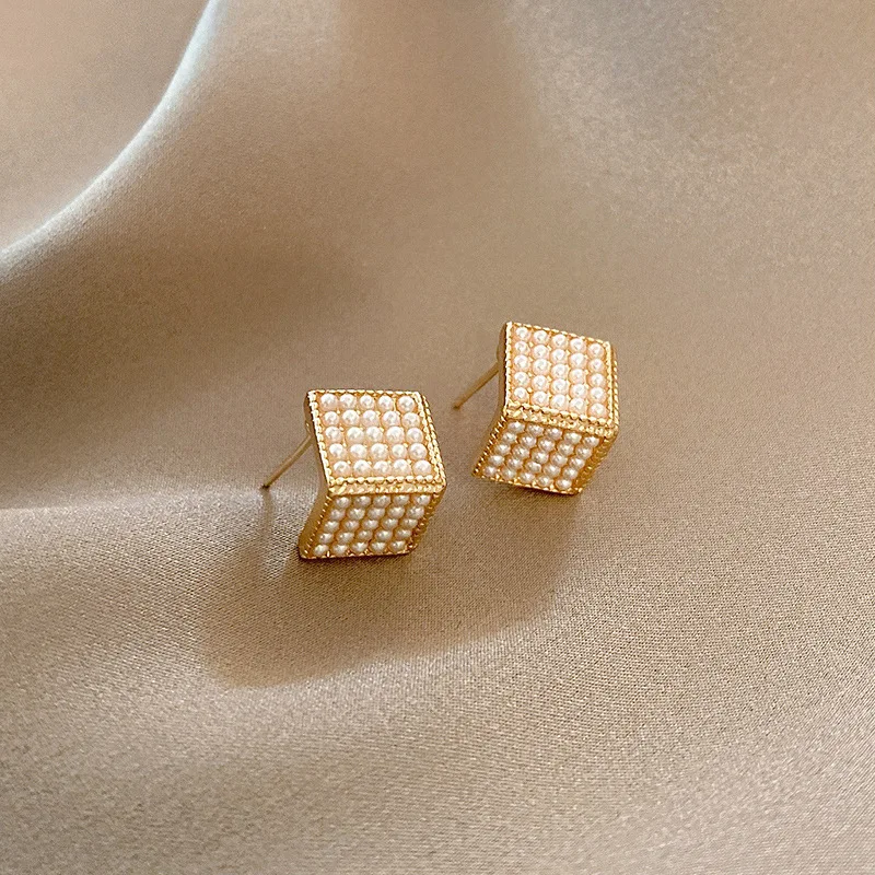 European Gold Plating Baroque Pearl Geometric Square Earrings S925 Needle Fresh Water Pearl Cube Earrings For Girl