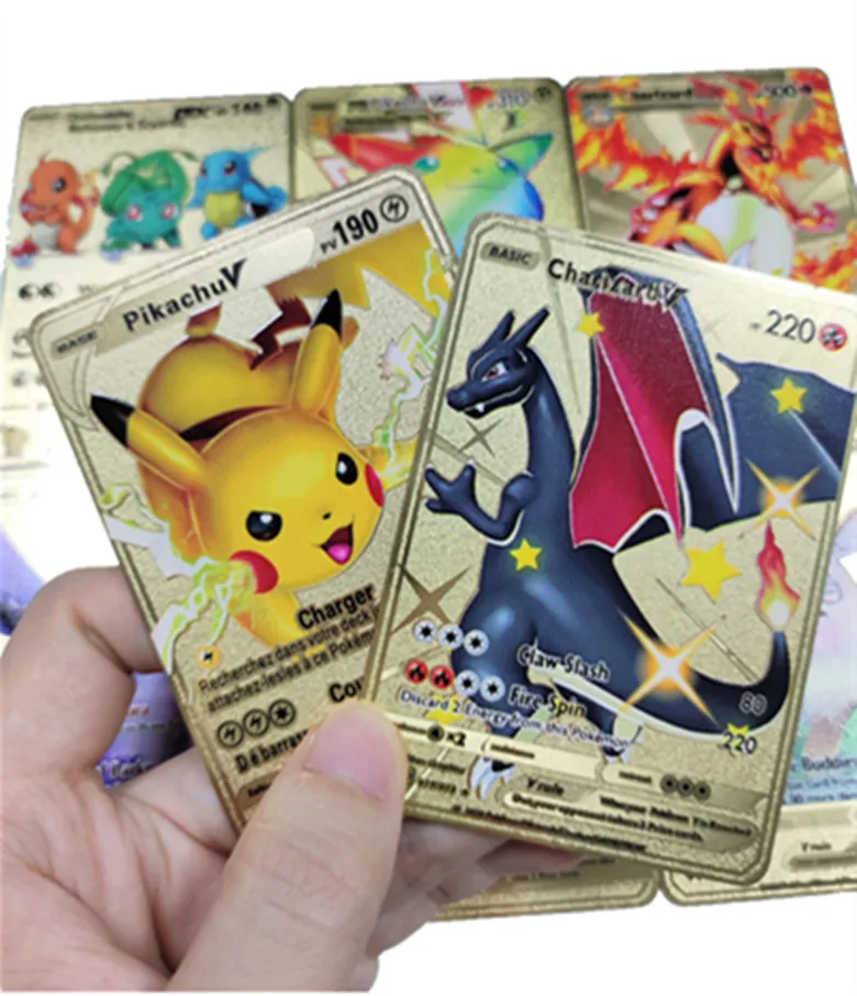 Pocket Monster Pokemond Cards Metal Gold Sliver Vmax GX Energy Card Charizard Pikachu Rare Collection Battle Trainer Boys Gift