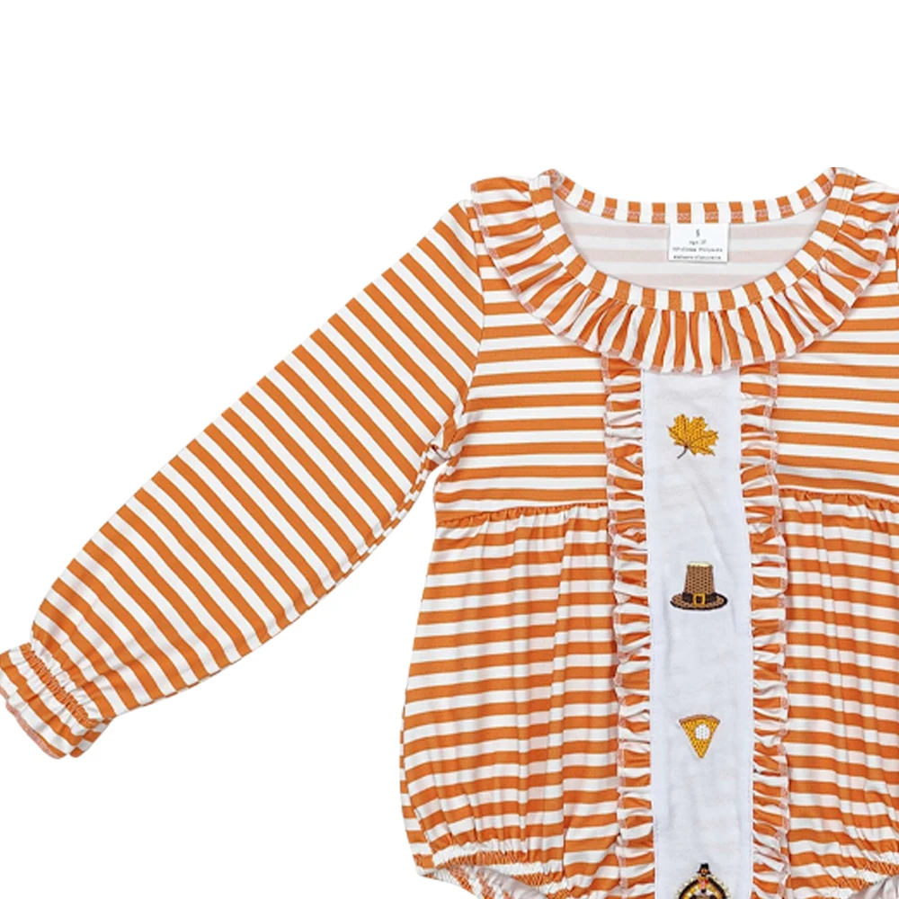 Thanksgiving clothe romper orange stripe long sleeves embroidery pumpkin pie turkey wholesale baby girl Thanksgiving romper suit