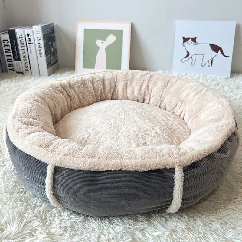 wholesale manufacturer soft luxury plush pink grey white pet cushion round cat dog bed