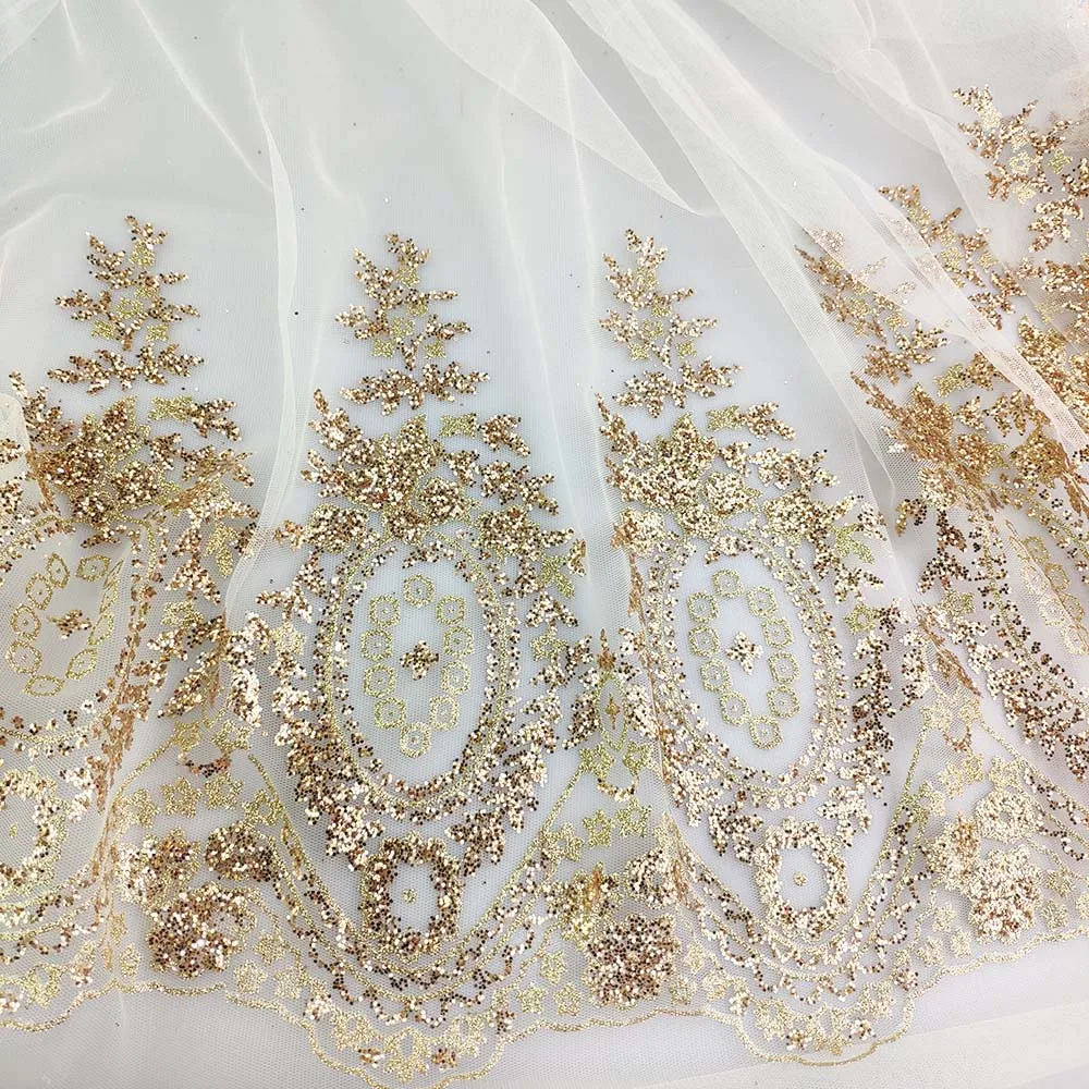 In stock gold glitter printing blingbling glitter nylon mesh fabric for wedding party  dress