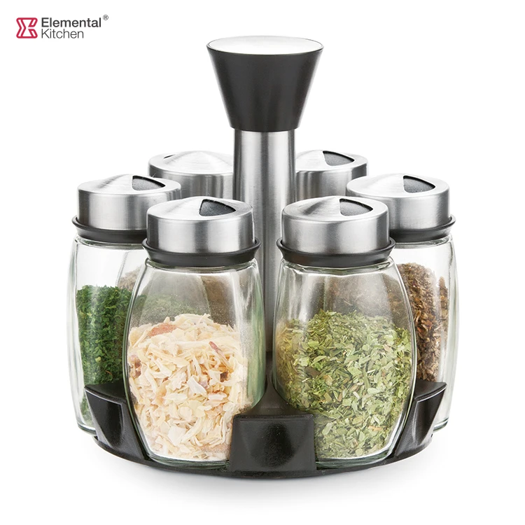Best selling EK round 6 Jars Spice Rack Set with Lazy Susan for kitchen seasoning glass bottle 120ml with stainless steel lid