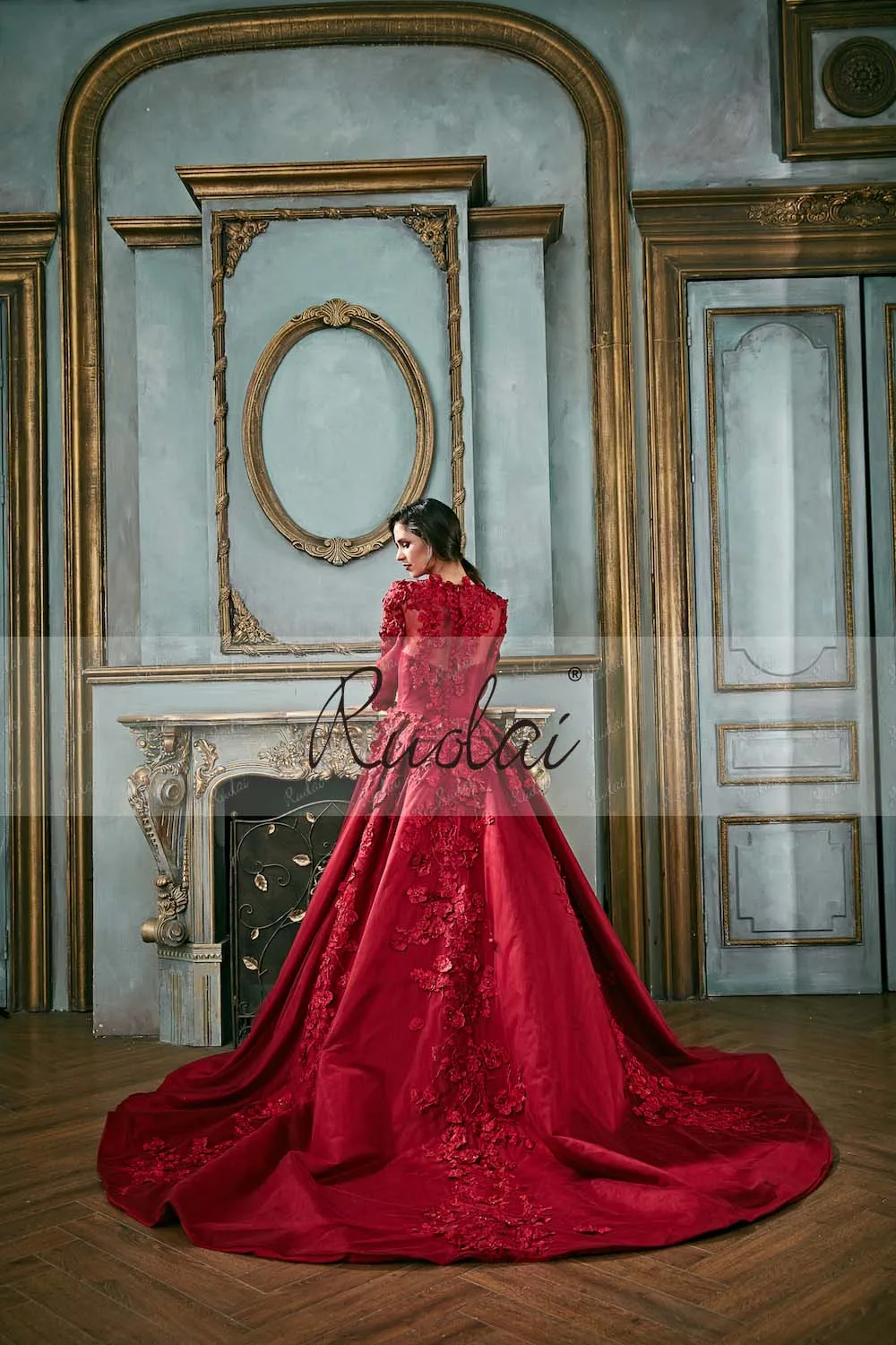 RUOLAI PEV-L3052 Modest Long Sleeve 3D Floral Appliqued Beaded Lace Satin Red Long Evening Gowns Dresses