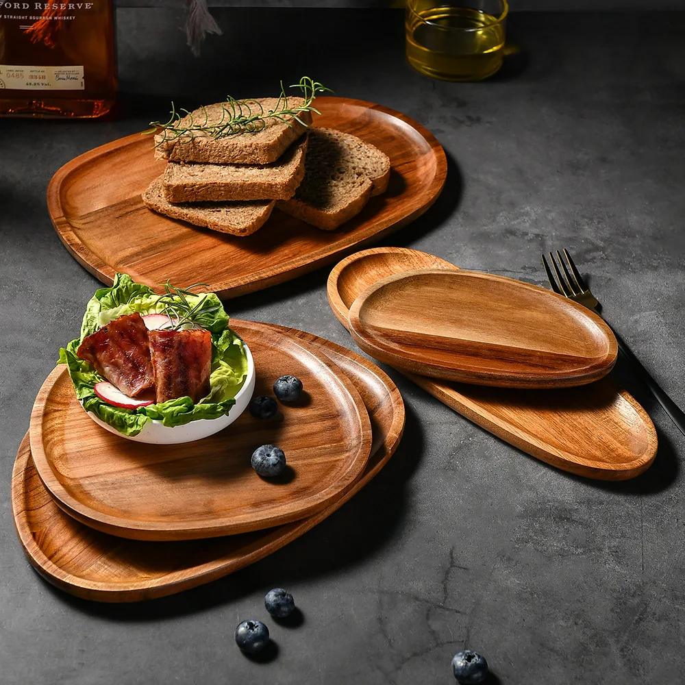 Besafe Irregular Oval Wooden Acacia Wood Serving platters tray Decorating Plates for Snacks Breads Desserts Cheese Fruit