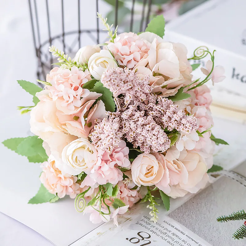 A966 Wedding Party Small Artificial Rose Flower Bunch White Mini Peony Hydrangea Flower Bouquet For Table Centerpiece Decoration