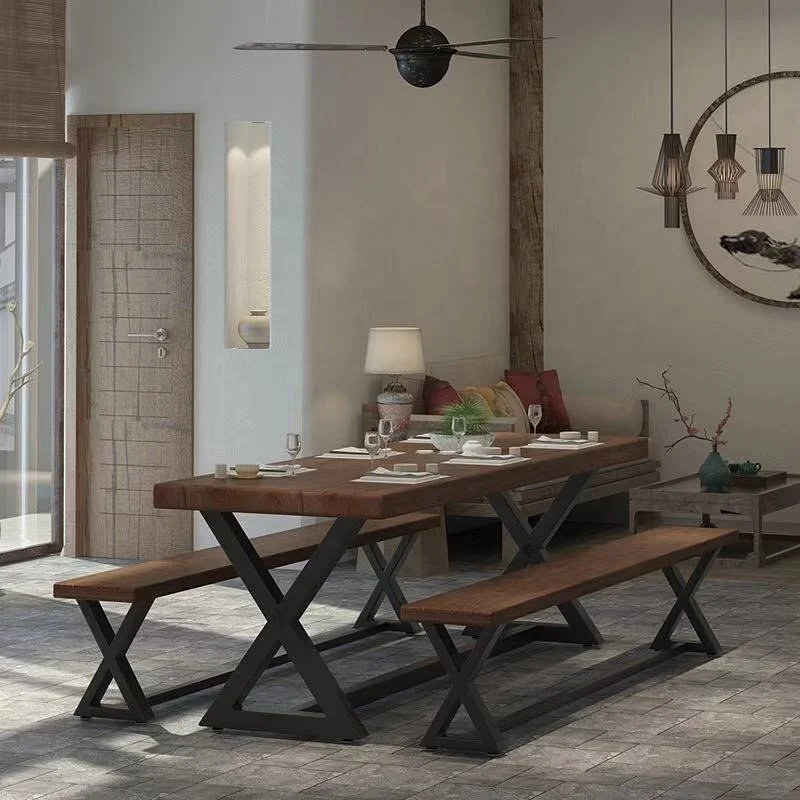 Ресторанная мебель, обеденный стол со скамейкой, металлическая ножка, стол из цельной древесины, быстрое производство