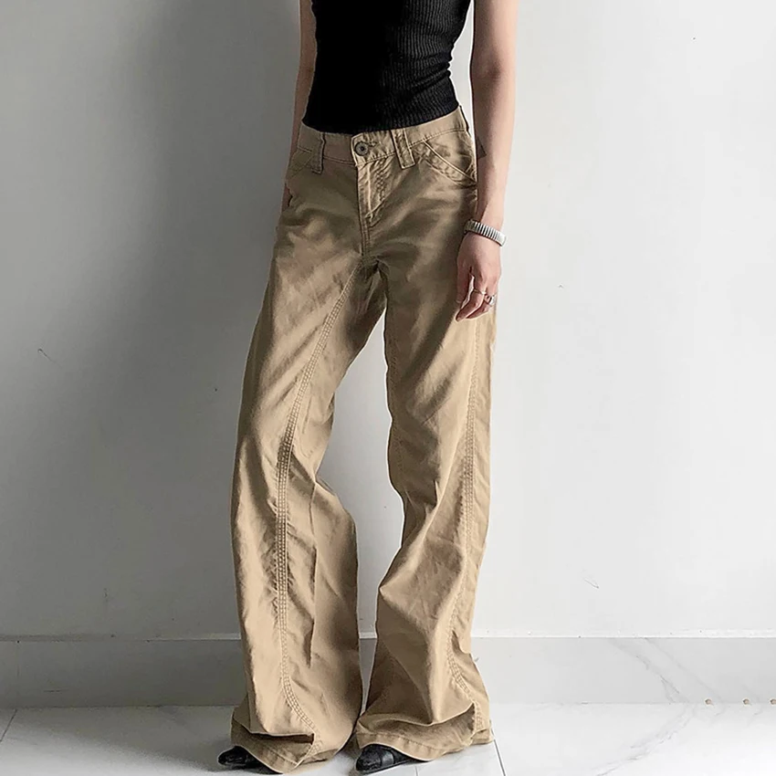 OOTN 2024 Street Style Minimalist Straight-Leg Pants Casual Fashion Low Waist Pleated Cargo Pants For Women Wide Leg Trousers