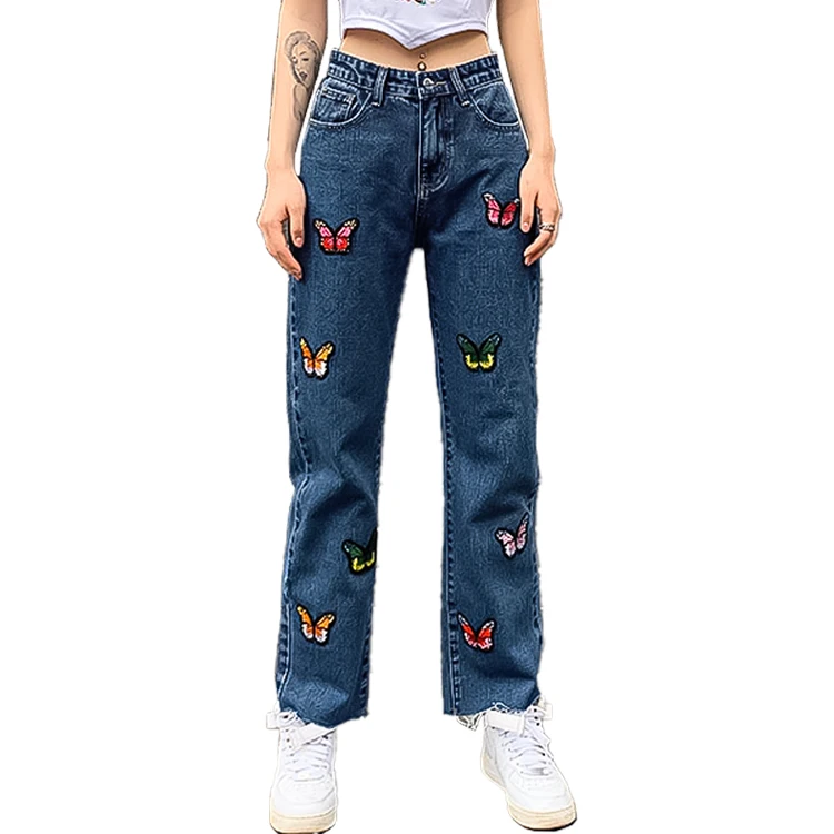 Wholesale New Style High Waist Straight Female Denim Trousers Blue Regular Casual Baggy Pant Jeans Women
