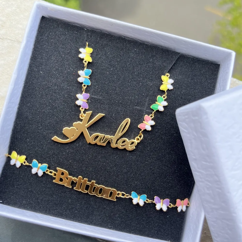 QIUHAN Mixed Color Enamel Nameplate Bracelet Stainless Steel Custom Name Butterfly Necklace