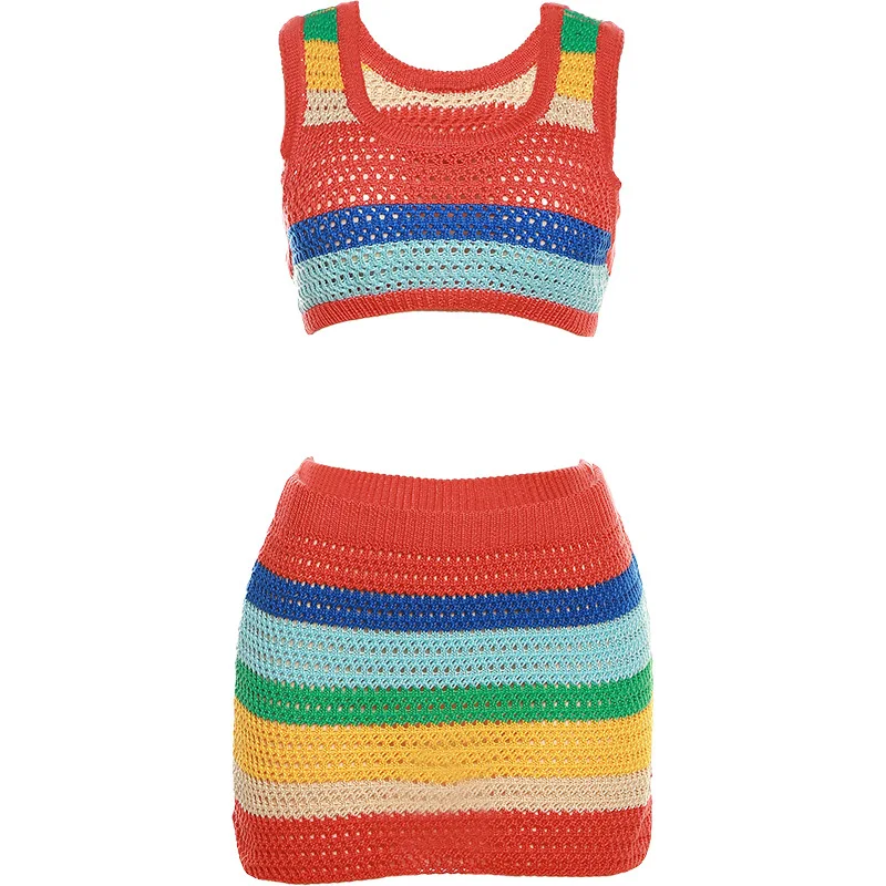 Night Club Party Fashion Multicolor Mini Dress For Women Casual Rainbow Color Dress Hand Knit Crochet Dress