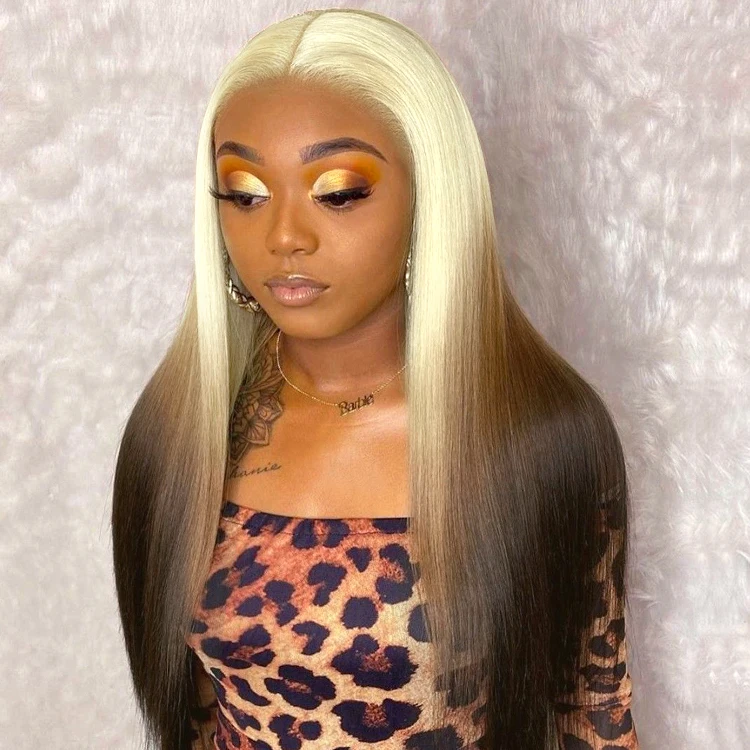 Forcuteu Вьетнам с кутикулой в одном направлении Виргинские Необработанные длинные шелковые шарфы с прямыми шоколад платины эффектом деграде (переход от темного к шнурка человеческих волос парик