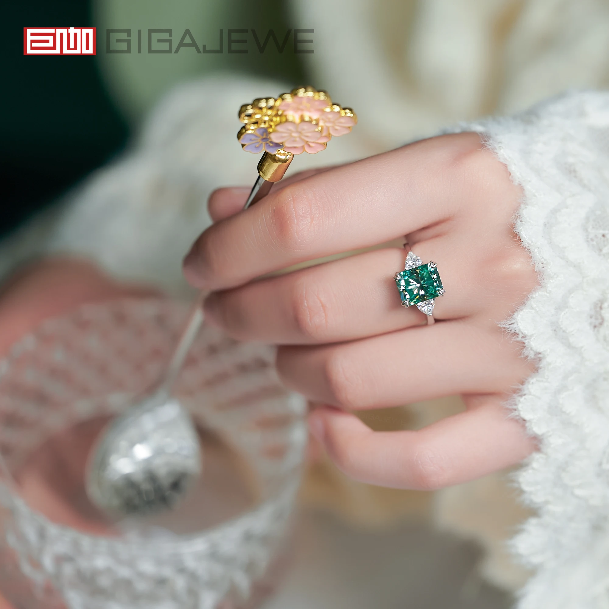 GIGAJEWE 8X10mm 4.0ct Radiant Cut Natural Cyan color moissanite silver 925  ring for women gift