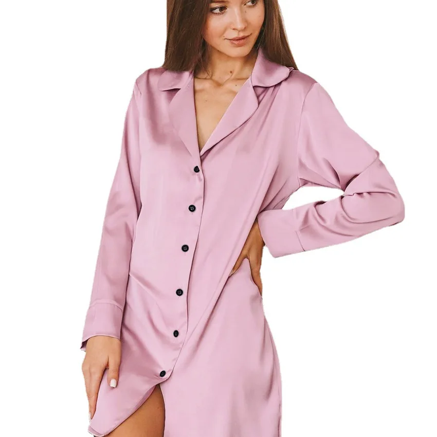 
Dreams Come Ture Comfort Long Sleeves Silk Sleep Shirt Classic Notched Collar Front Button Satin Nightdress Comfy Nightgown 
