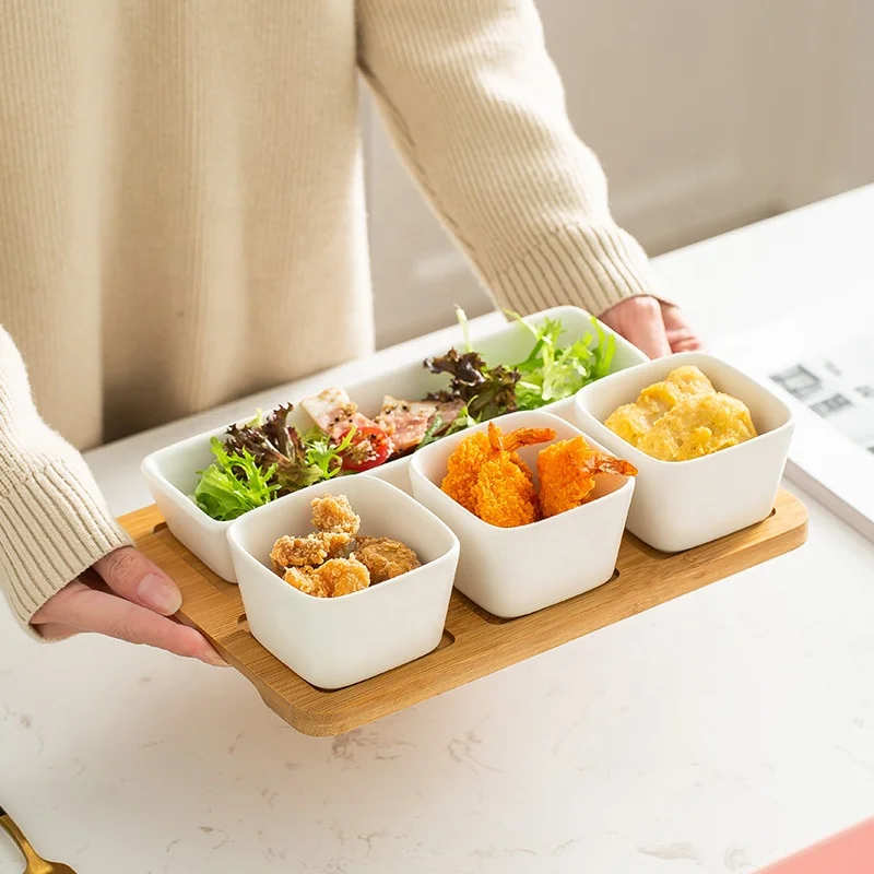 Matte Simple Color Glaze Ceramic Tableware Snack Dried Fruit Candy Dessert Plate Storage Bowl With Square Shaped Wooden Tray Set