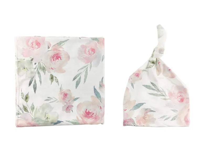 Super soft hat and headband set custom printed cotton knitted jersey baby wrap swaddle blanket