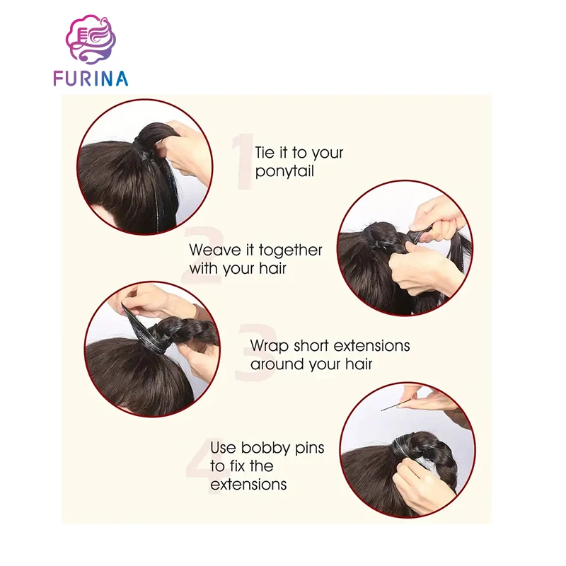 Furina synthetic braided premium heat resistant 30 inch 34 inch tinsel hair ponytail with rubber band hair ring for women