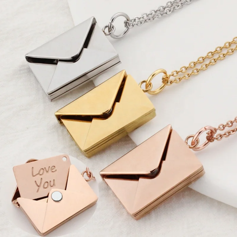 Personalized Non Tarnish Silver 18K Gold Plated Stainless Steel Love You Letter Envelope Pendant Necklace Jewelry For Women