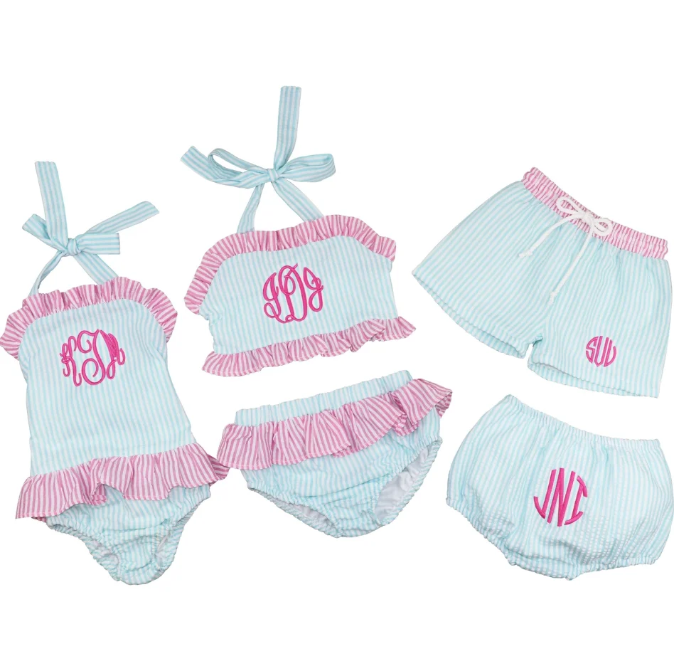 Kids Aqua And Pink Seersucker Two Piece Swimsuit Custom Logo Wholesale Designer Bikini Sets For Girls