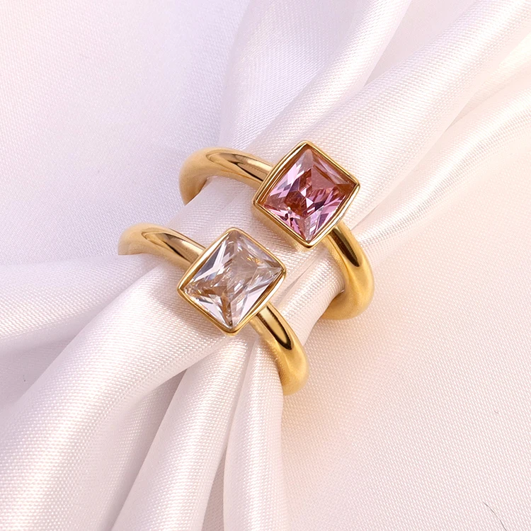 Waterproof High Quality Stainless Rings Gemstones Wedding Rings Gold 18k Couple Square Zircon Clear Pink Stone Ring for Gift