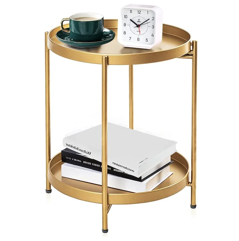 2-Tier Round Snack Accent Coffee Table End Table Gold Folding Metal Side Table with Removable Tray