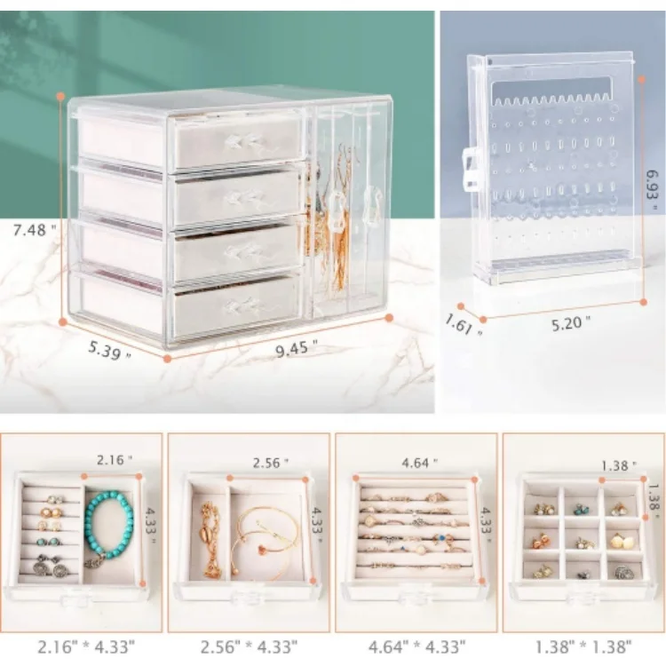 Clear Earring Holder Jewelry Hanging Boxes with 4 Velvet Drawers for Earrings Ring Necklace Bracelet Display Case Gift for Women