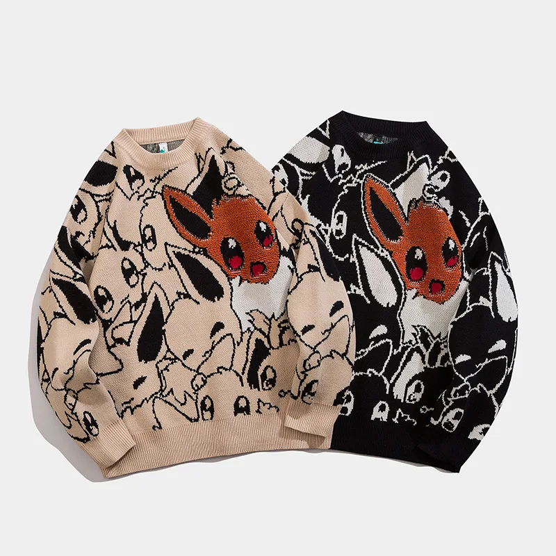 
ins brand men niche design lazy style cartoon anime round neck knitted loose warm hip-hop sweater 