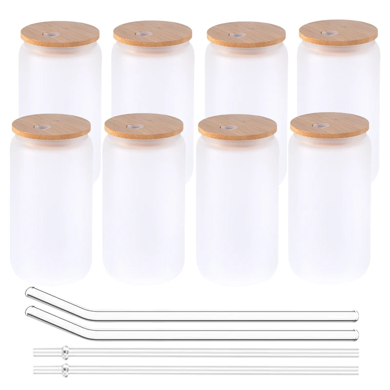 Usa Warehouse Wholesale Bulk 16Oz 16 Oz Clear Frosted Blank Sublimation Glass Coffee Cup Beer Mug With Bamboo Lid And Straw