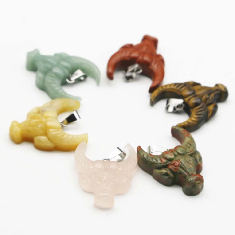 Natural stone crystal agate green yellow jade tiger eye semi-precious stone ox head animal carving pendant necklace jewelry