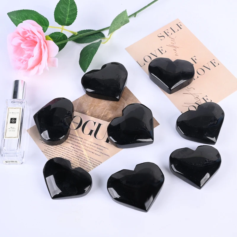Hand Polished Healing Flashy Black Obsidian Heart Natural Crystal Gemstone Carved for Decoration
